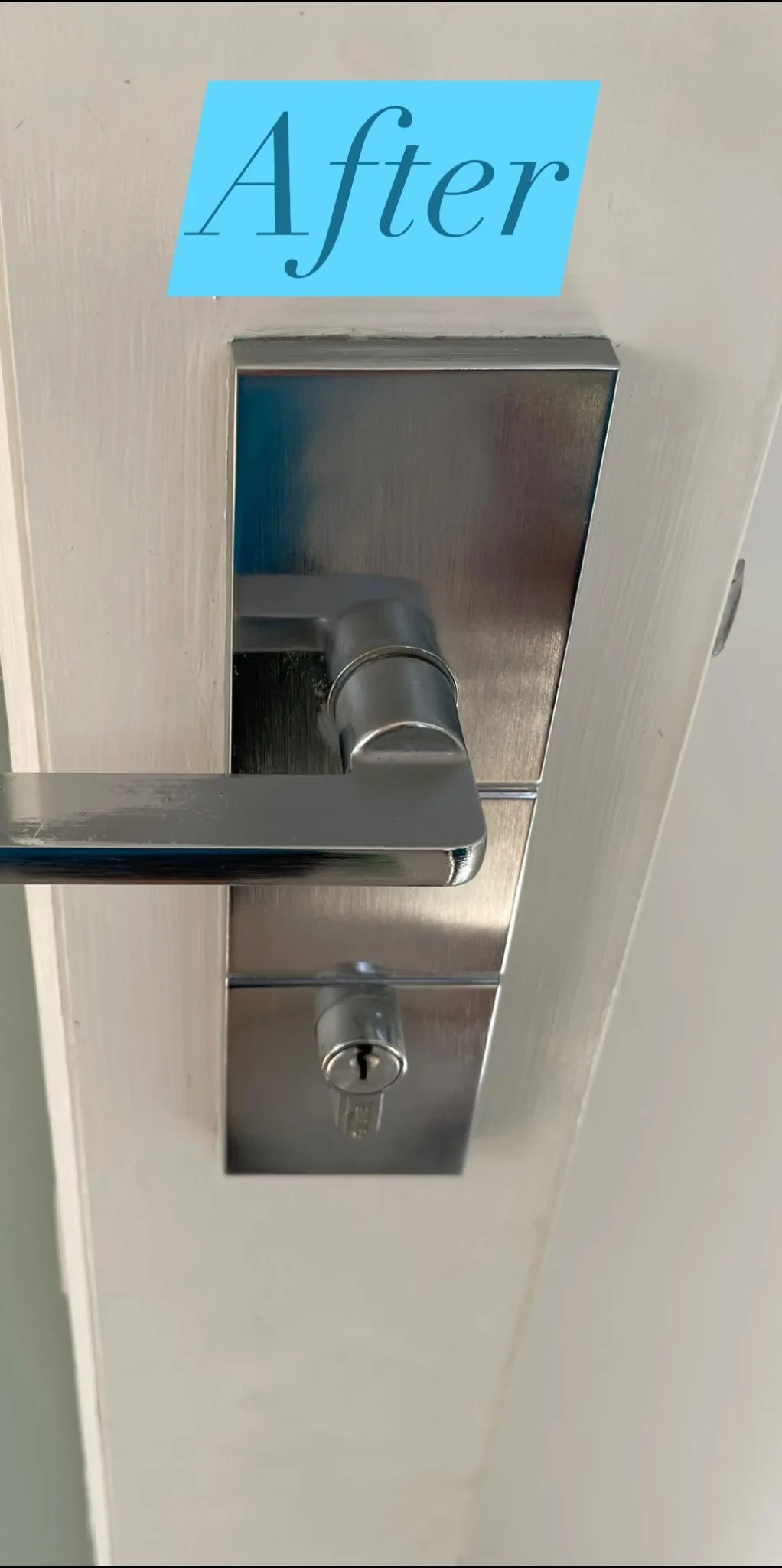 Metal door-handle backplate visibly cleaner after detailing