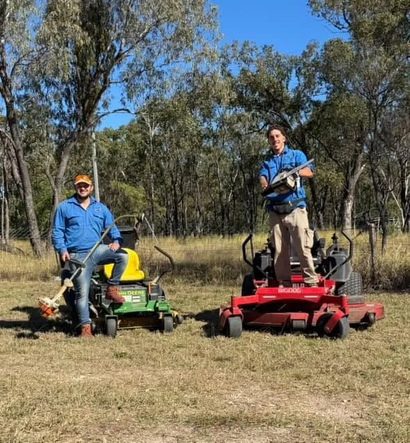 Hairy's Home Services mowing crew with two zero-turn mowers and a line trimmer
